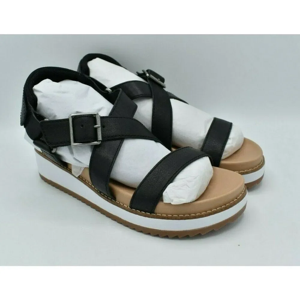 Lucky Brand Women Size 9.5 Idenia Wedge Strappy Black Saddle Leather Sandal Shoe